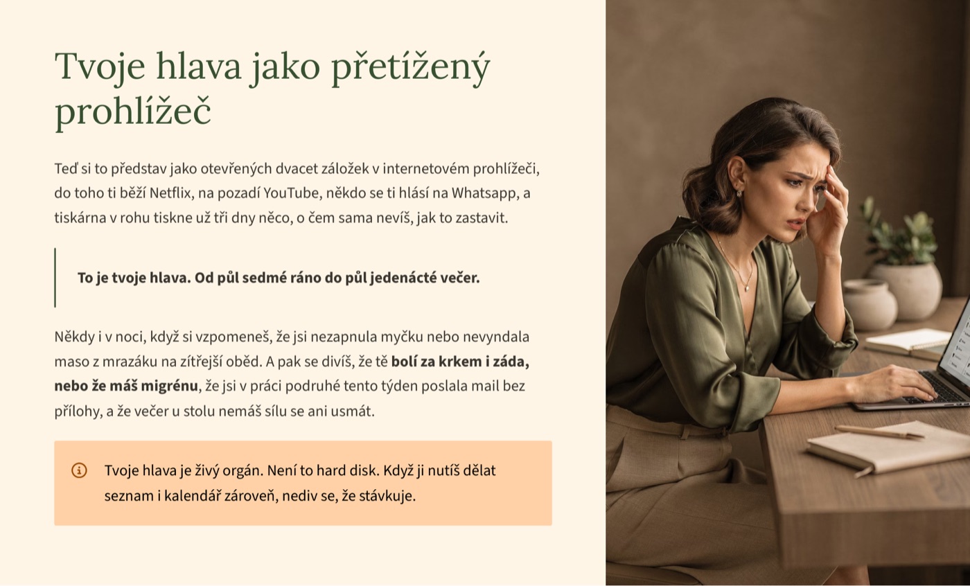 Stránka z e-booku: Tvoje hlava jako přetížený prohlížeč, s fotkou unavené ženy u notebooku